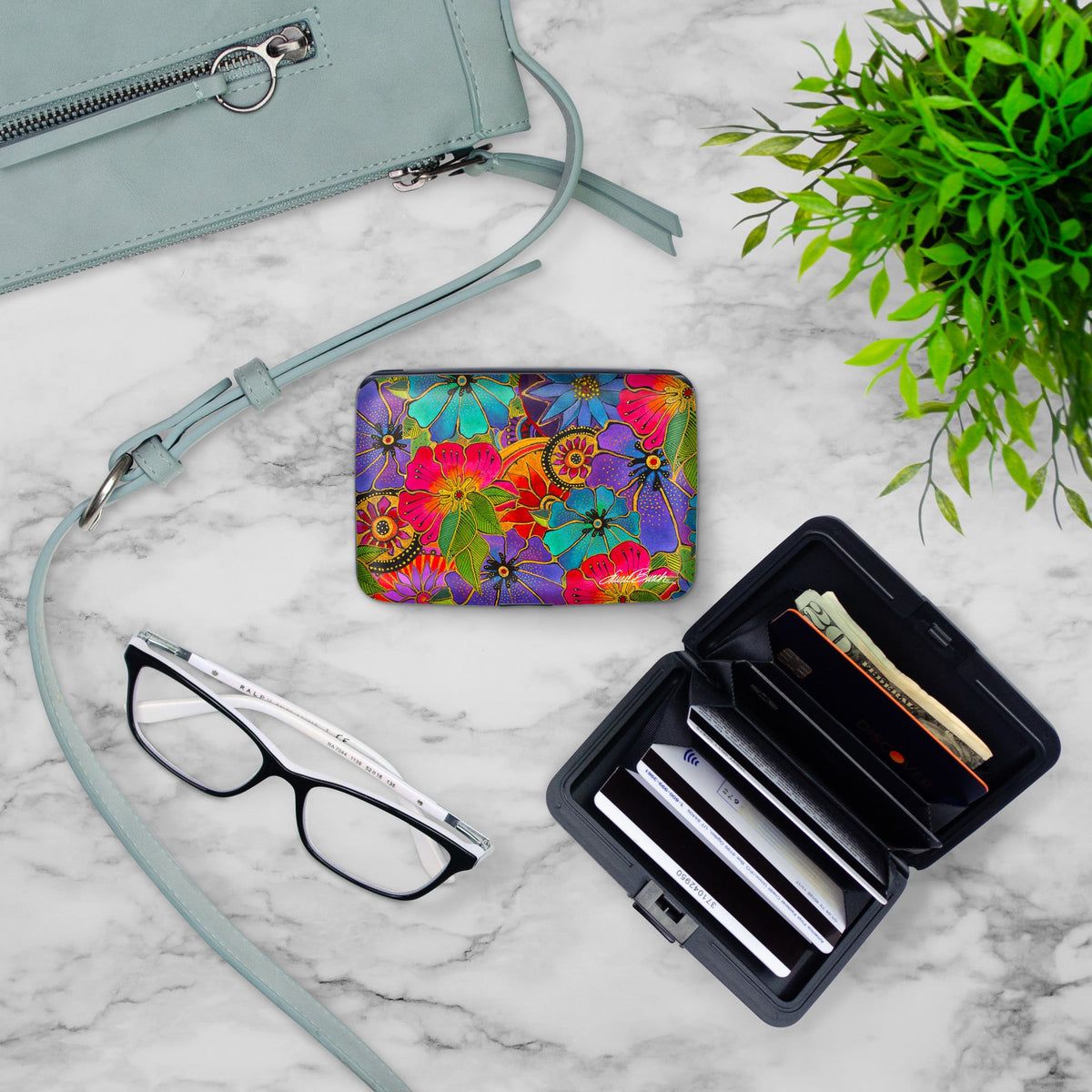 Laurel Burch Blossoming Florals RFID armored wallet, styled