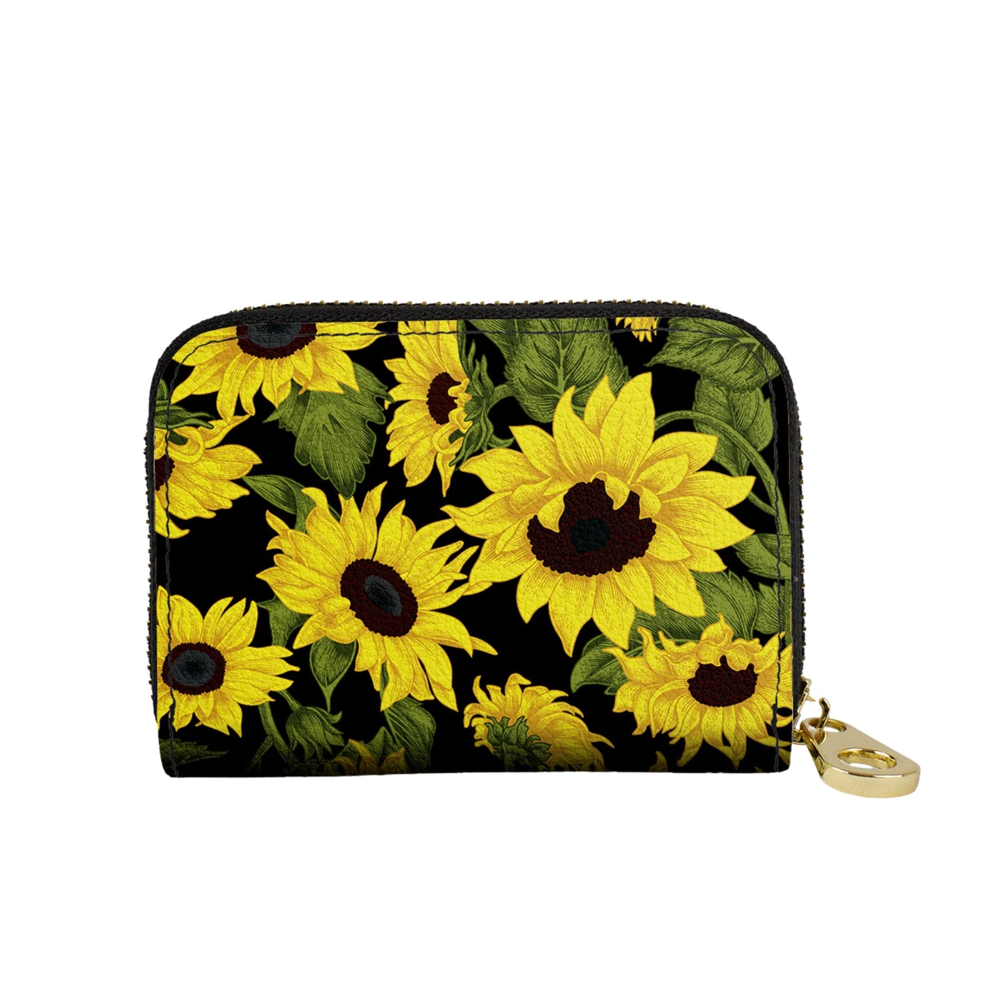 Sunflower on Black vegan leather RFID zipper wallet