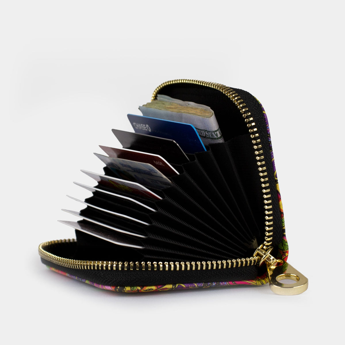 RFID zipper wallet interior with accordion card slots