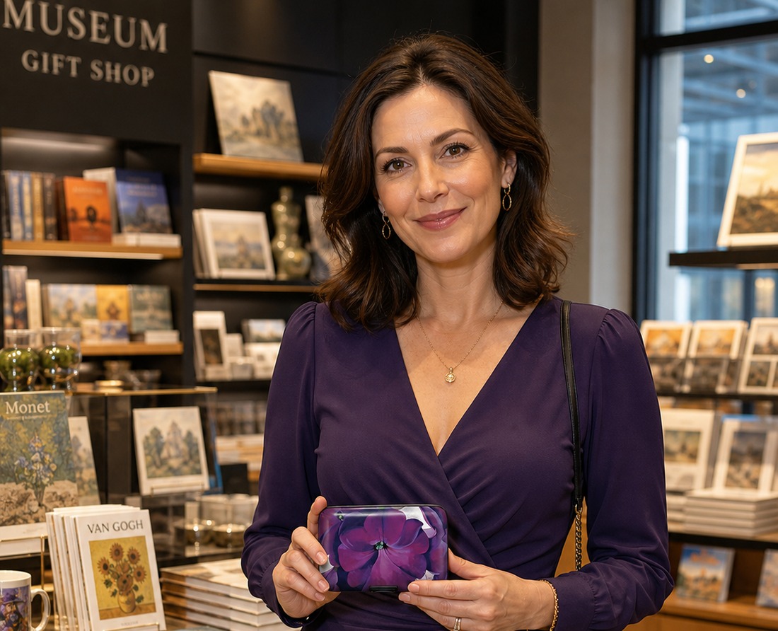 Woman holding Monarque Petunia armored wallet in a museum gift shop