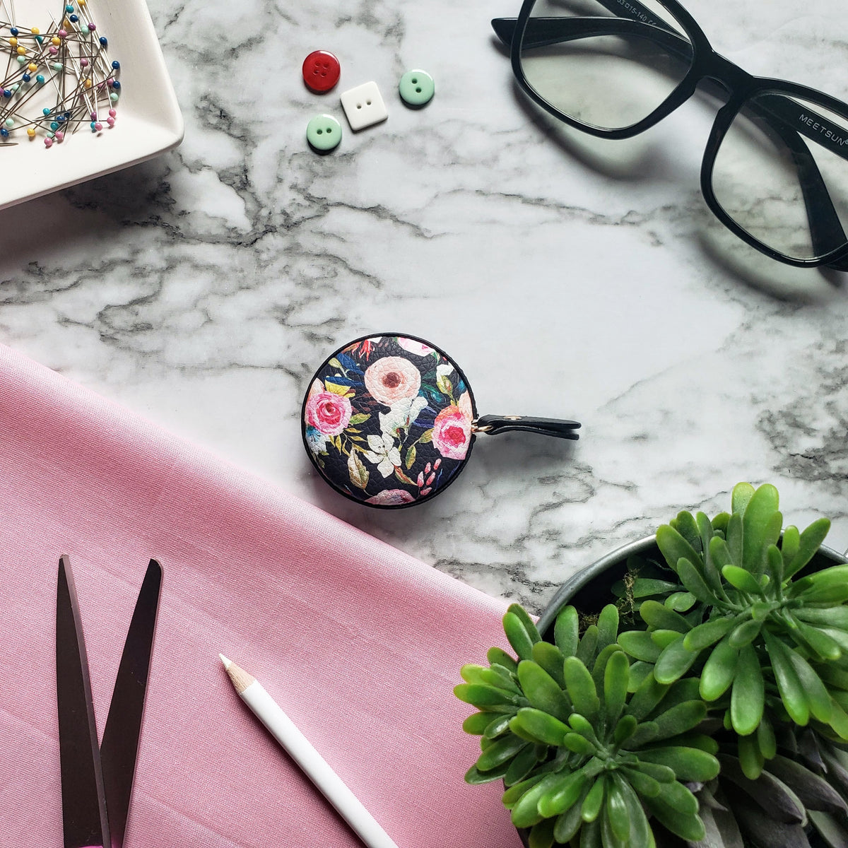 Floral on Black Tape Measure