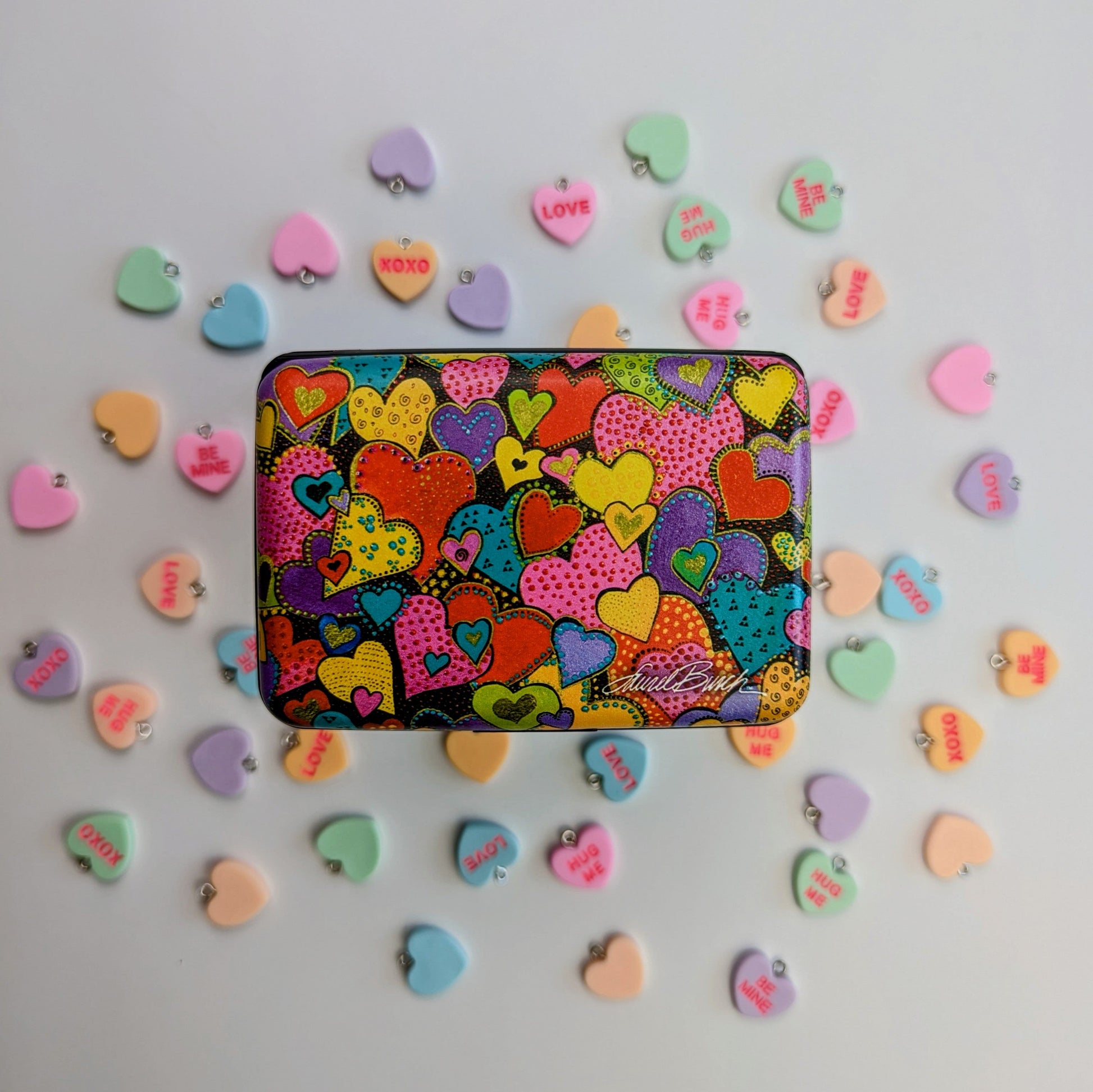 Laurel Burch Dancing Hearts RFID armored wallet with Valentine's candies