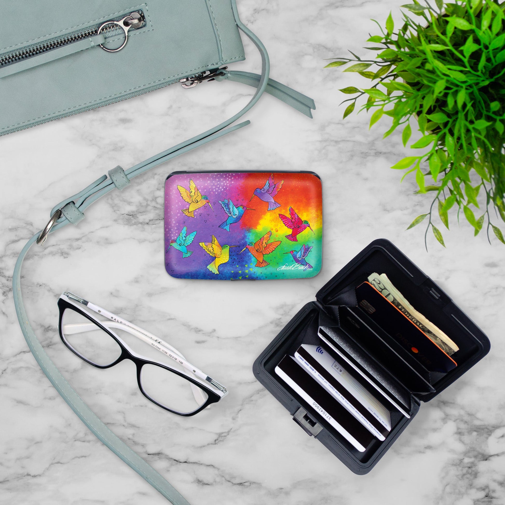 Laurel Burch Hummingbirds RFID armored wallet, styled