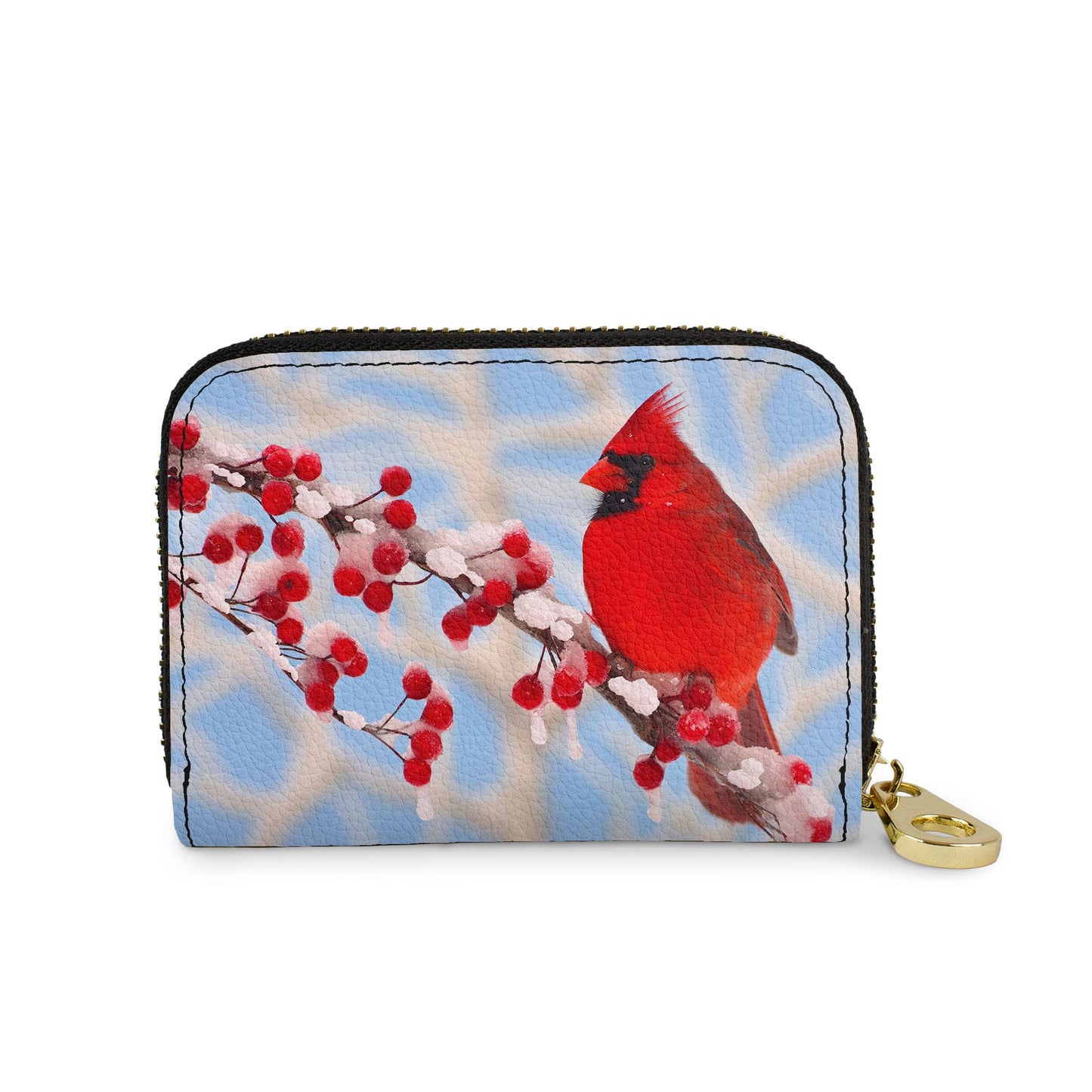 Cardinal in Snow vegan leather RFID zipper wallet