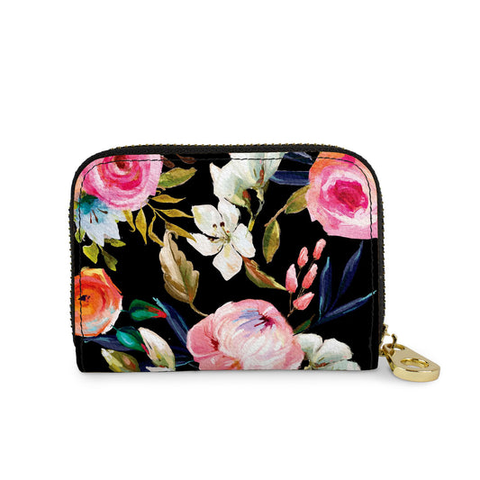 Floral on Black vegan leather RFID zipper wallet