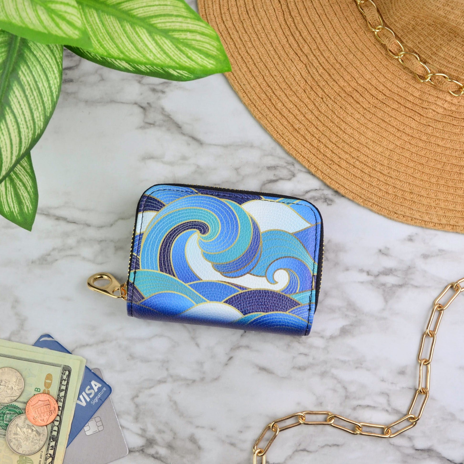 Enameled Wave RFID Zipper Wallet
