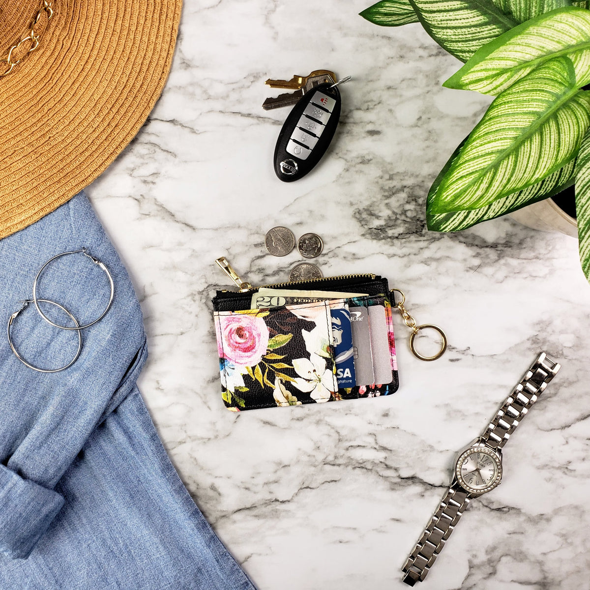 Floral on Black Keychain Wallet