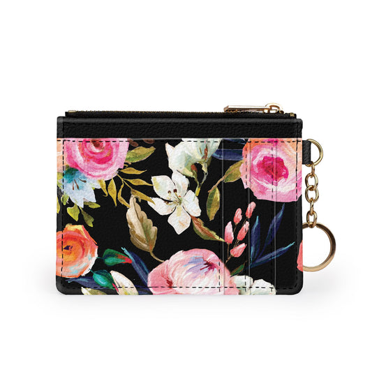 Floral on black keychain wallet