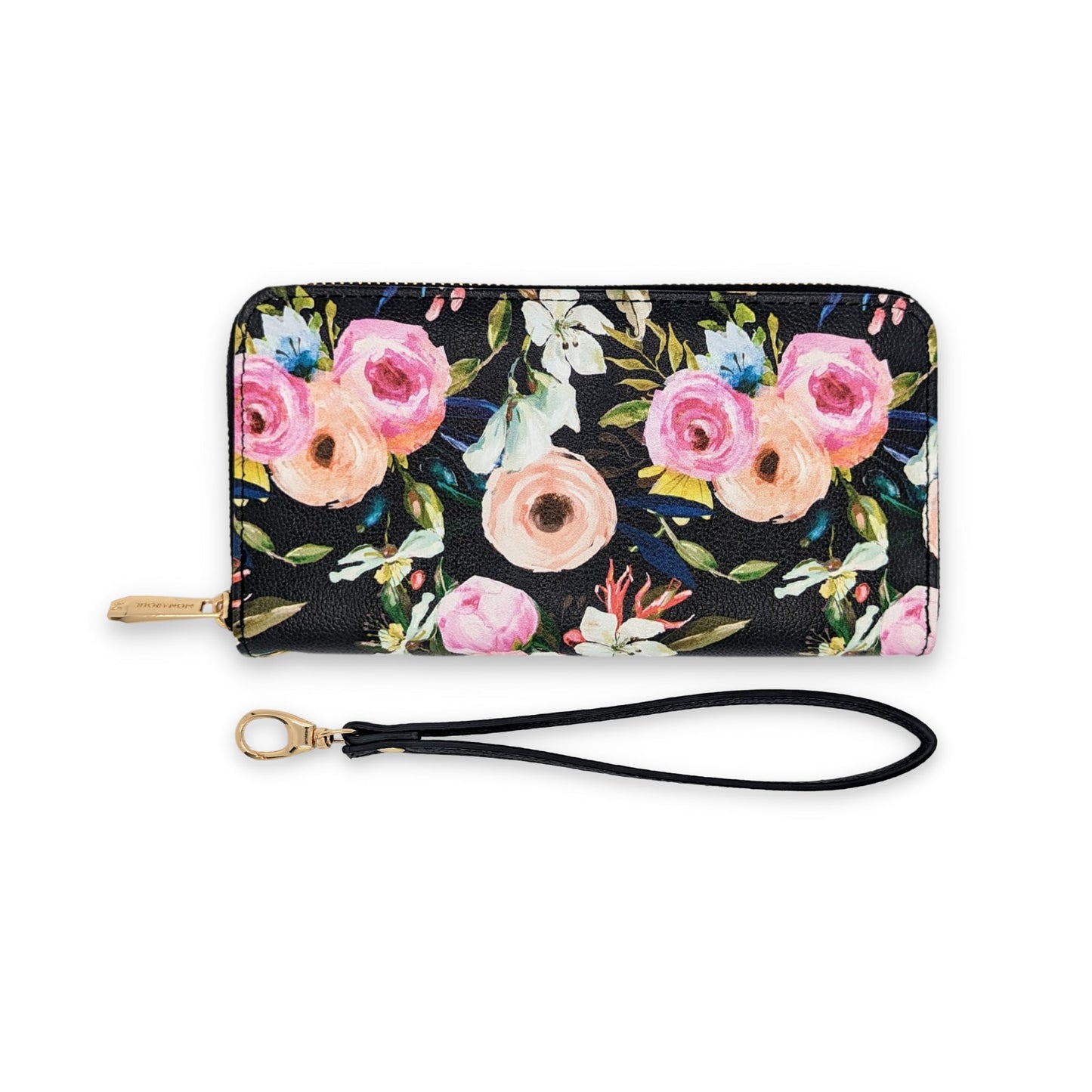 Floral on black wristlet wallet