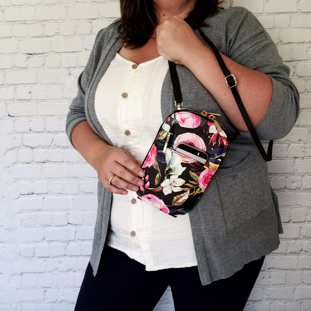 Floral on Black Crossbody Bag