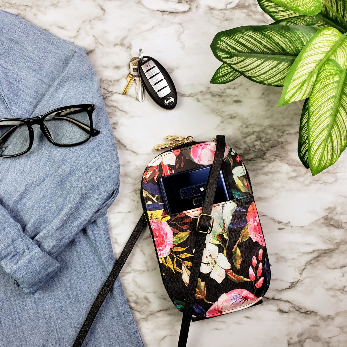 Floral on Black Crossbody Bag