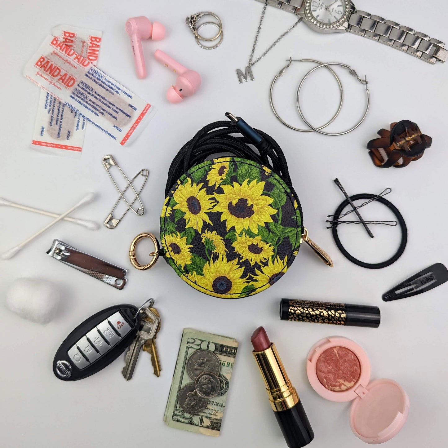 Sunflower on Black Round Zipper Case
