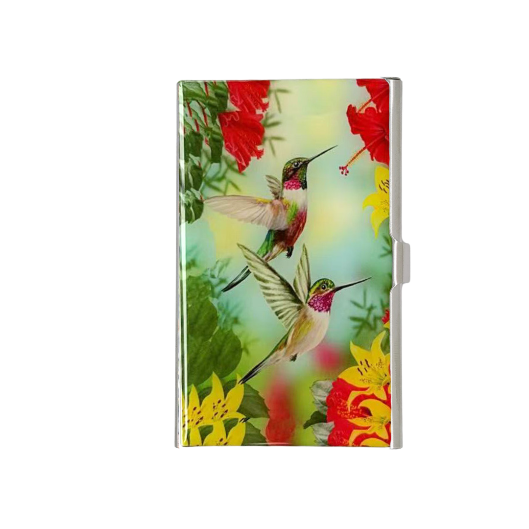 Red hummingbird stainless steel business card holder