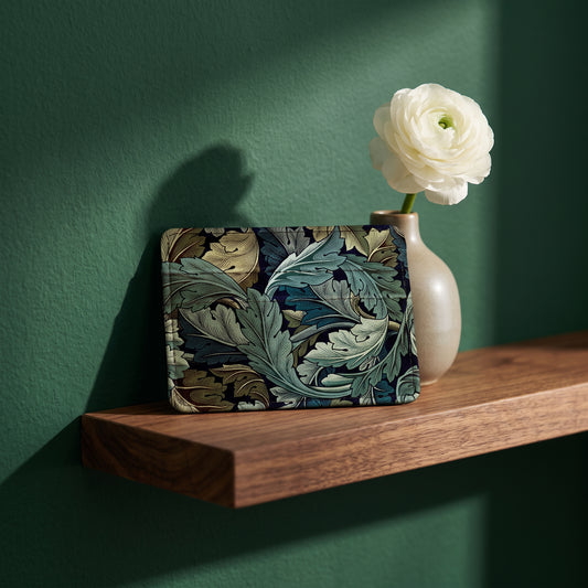 Monarque William Morris Acanthus slim wallet card holder on wood shelf against green wall