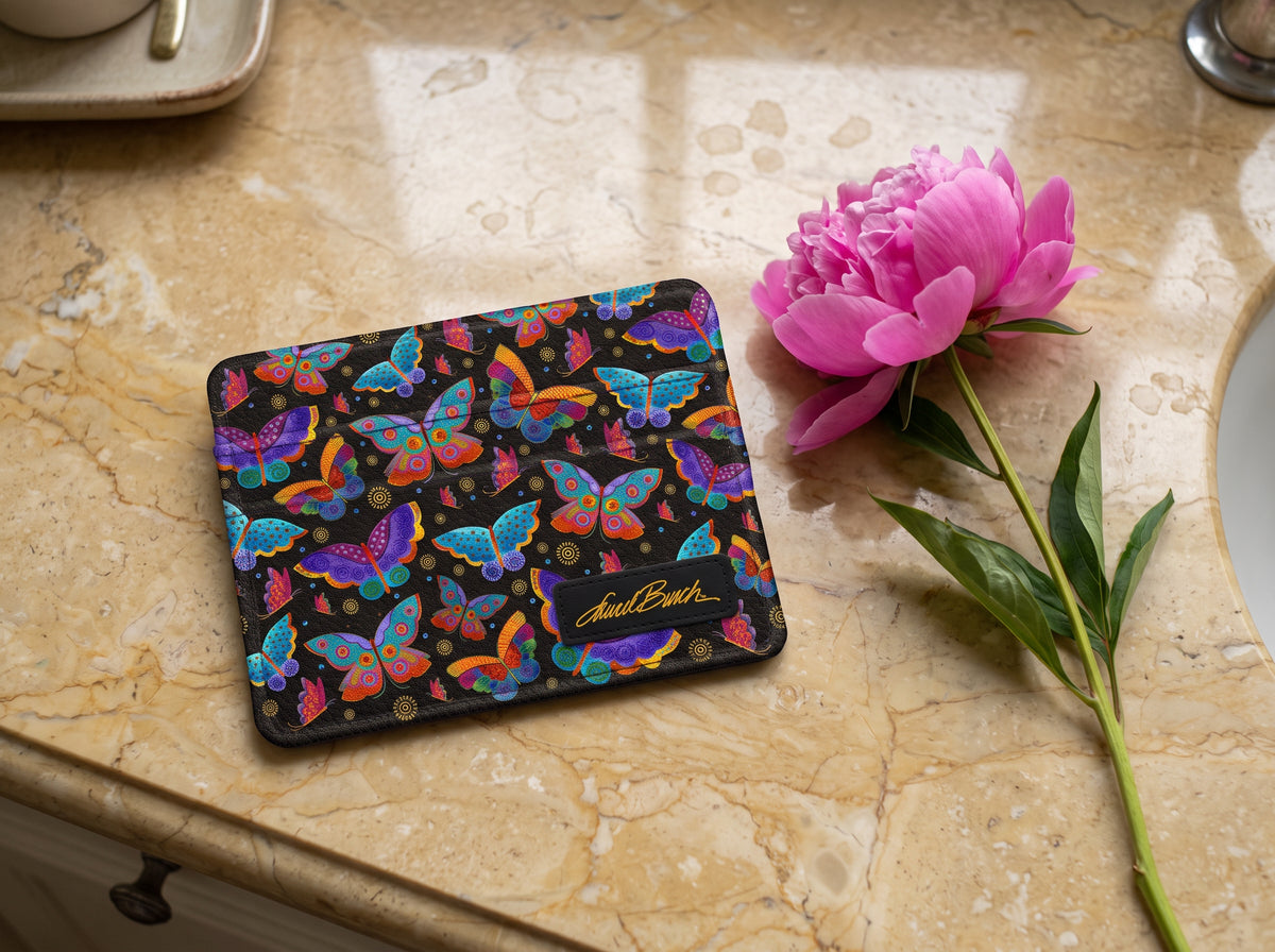 Monarque Laurel Burch Mariposas butterflies slim wallet card holder on marble with pink peony