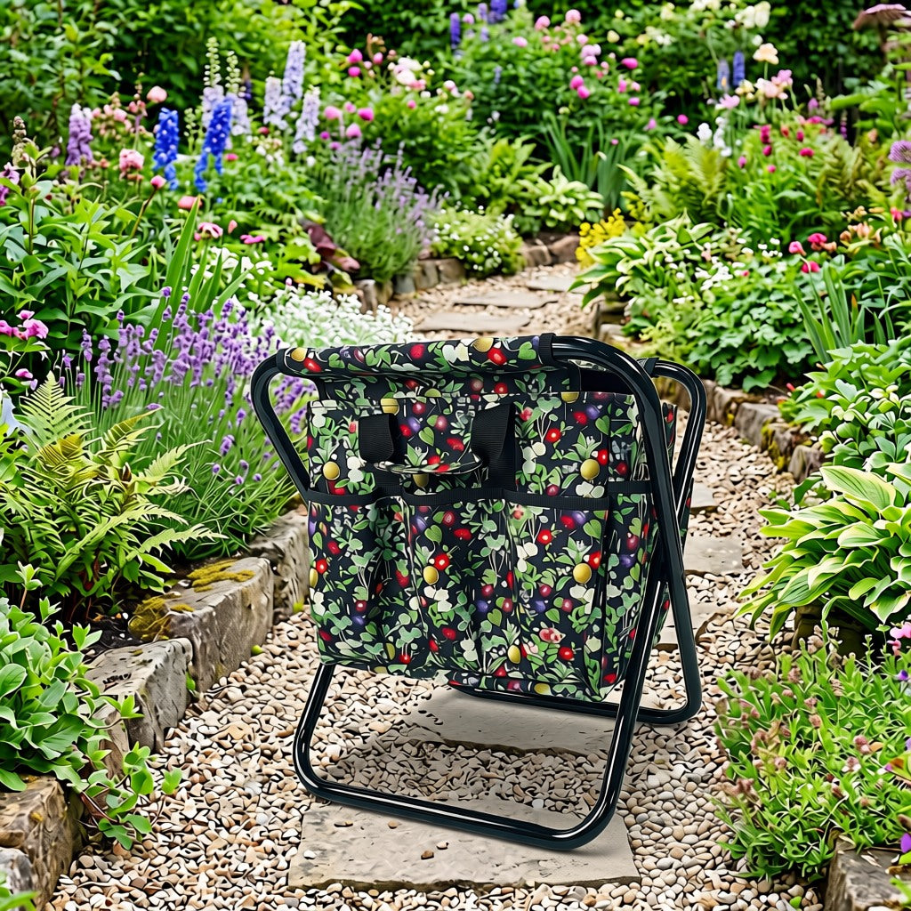 UtiliSeat Midnight Bloom on gravel garden path with floral bag — square lifestyle