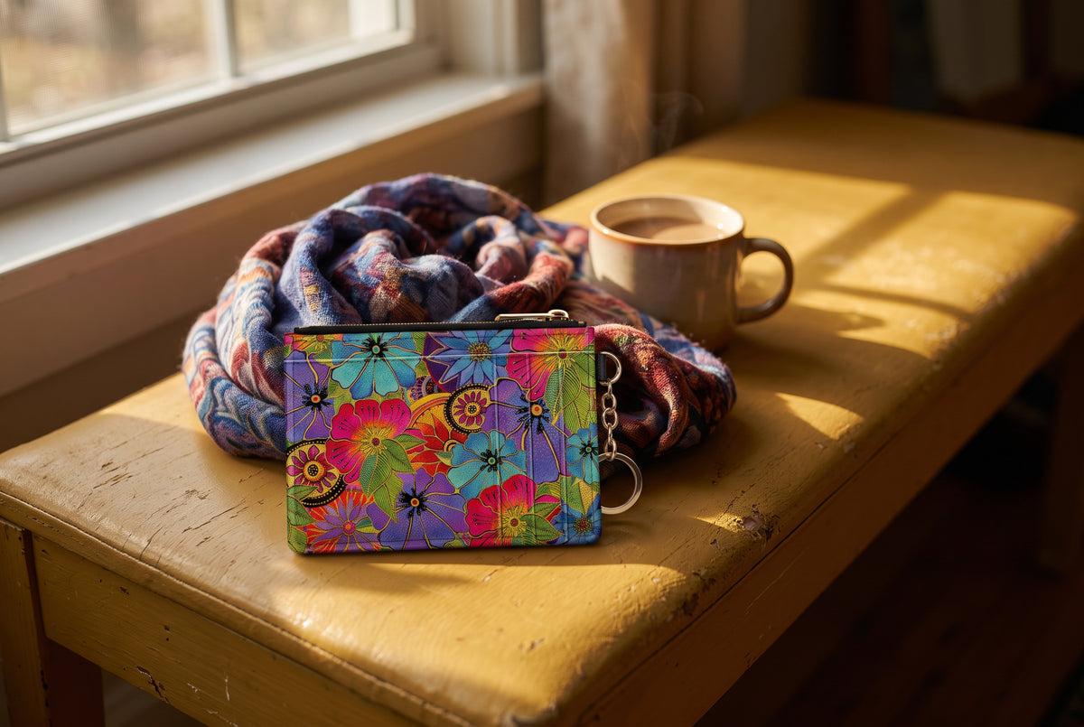 Laurel Burch Blossoming Florals keychain wallet on a yellow bench with a scarf and a mug of coffee