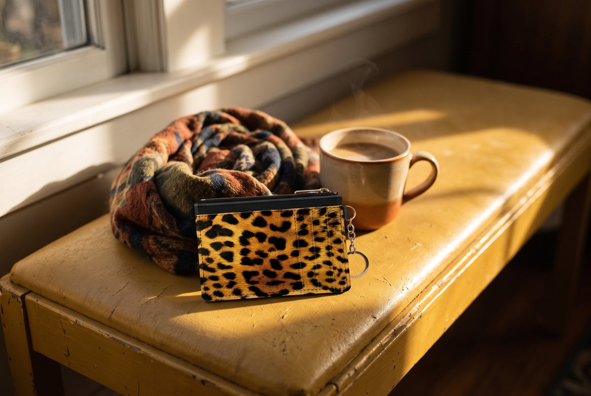 Leopard Print keychain wallet on a yellow bench with a scarf and a mug of coffee