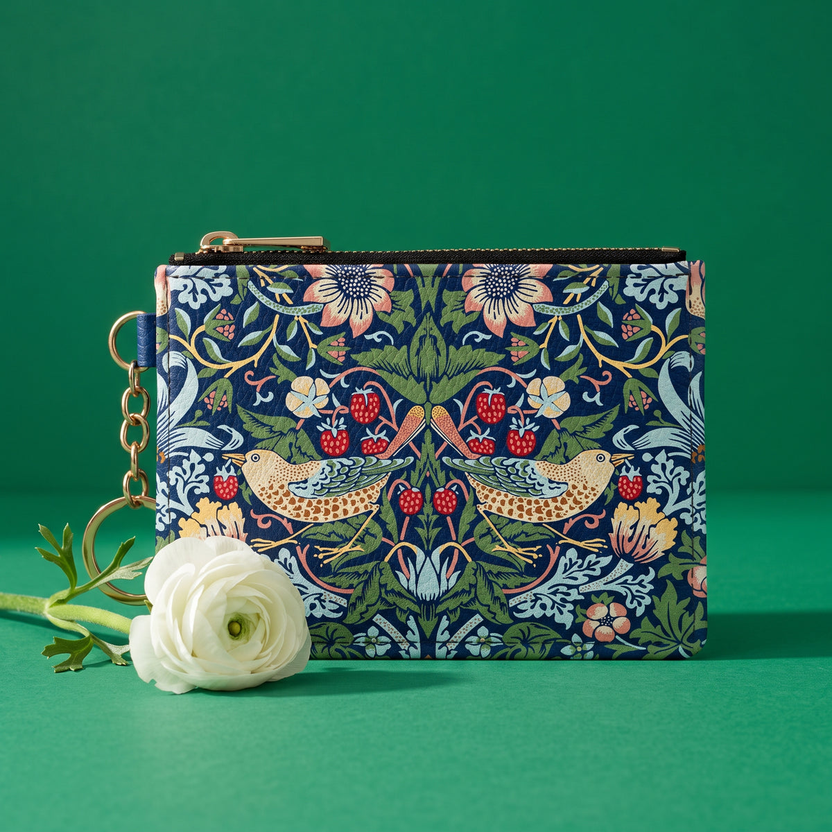 William Morris Strawberry Thief keychain wallet on a green background with a white ranunculus