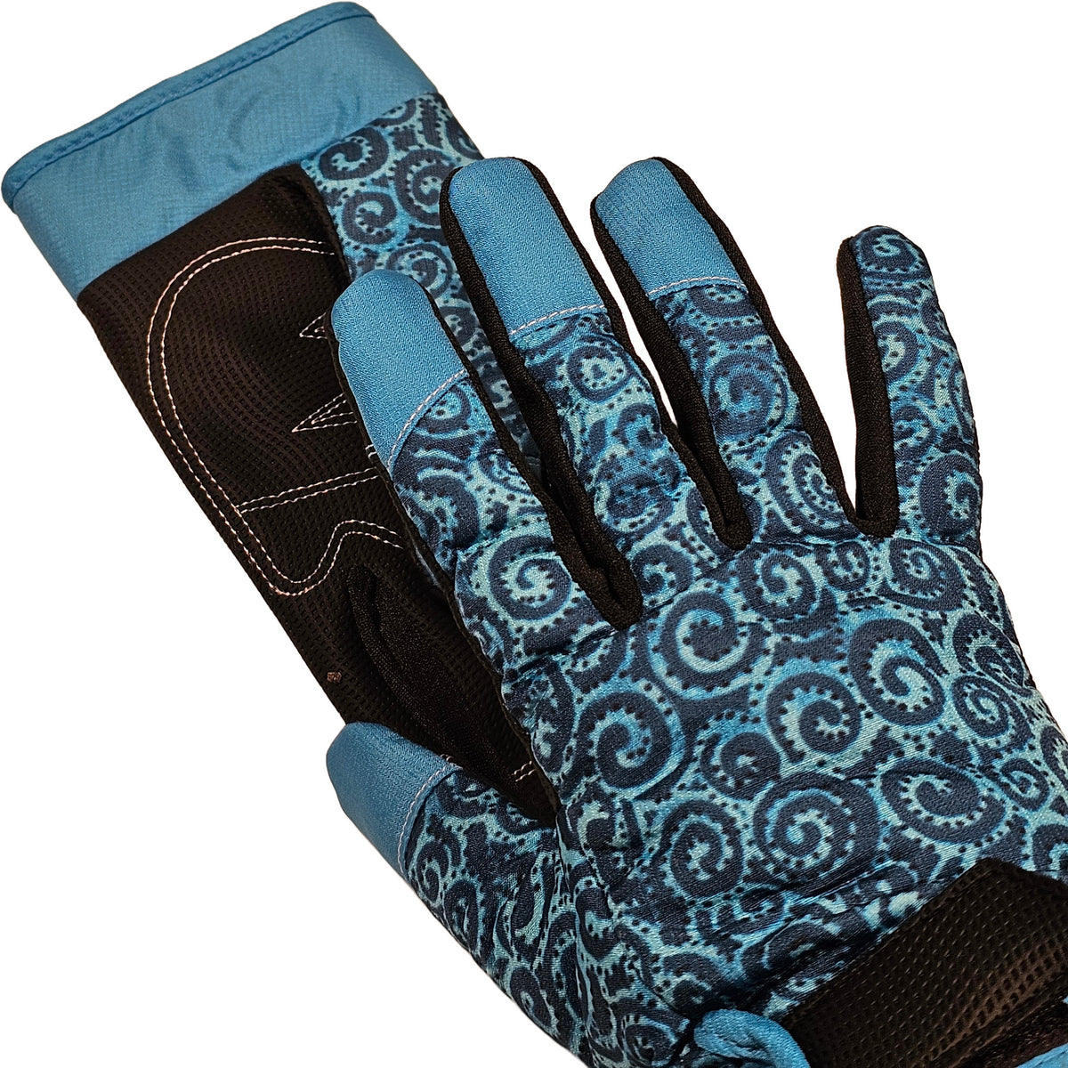 Close-up of Laurel Burch Swirls teal and black gardening gloves showing swirl print and black palm with stitching
