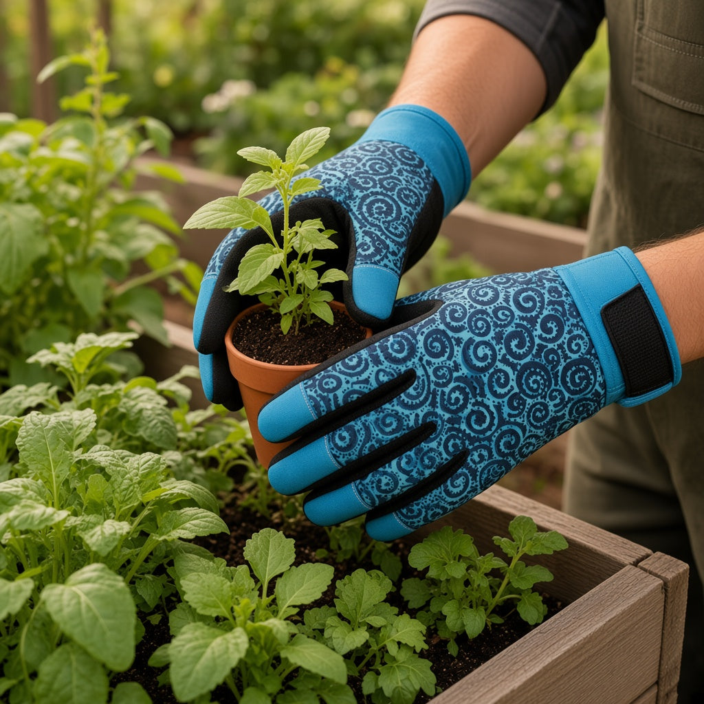 Hands wearing Laurel Burch Swirls teal and black gardening gloves holding a potted seedling over a raised garden bed