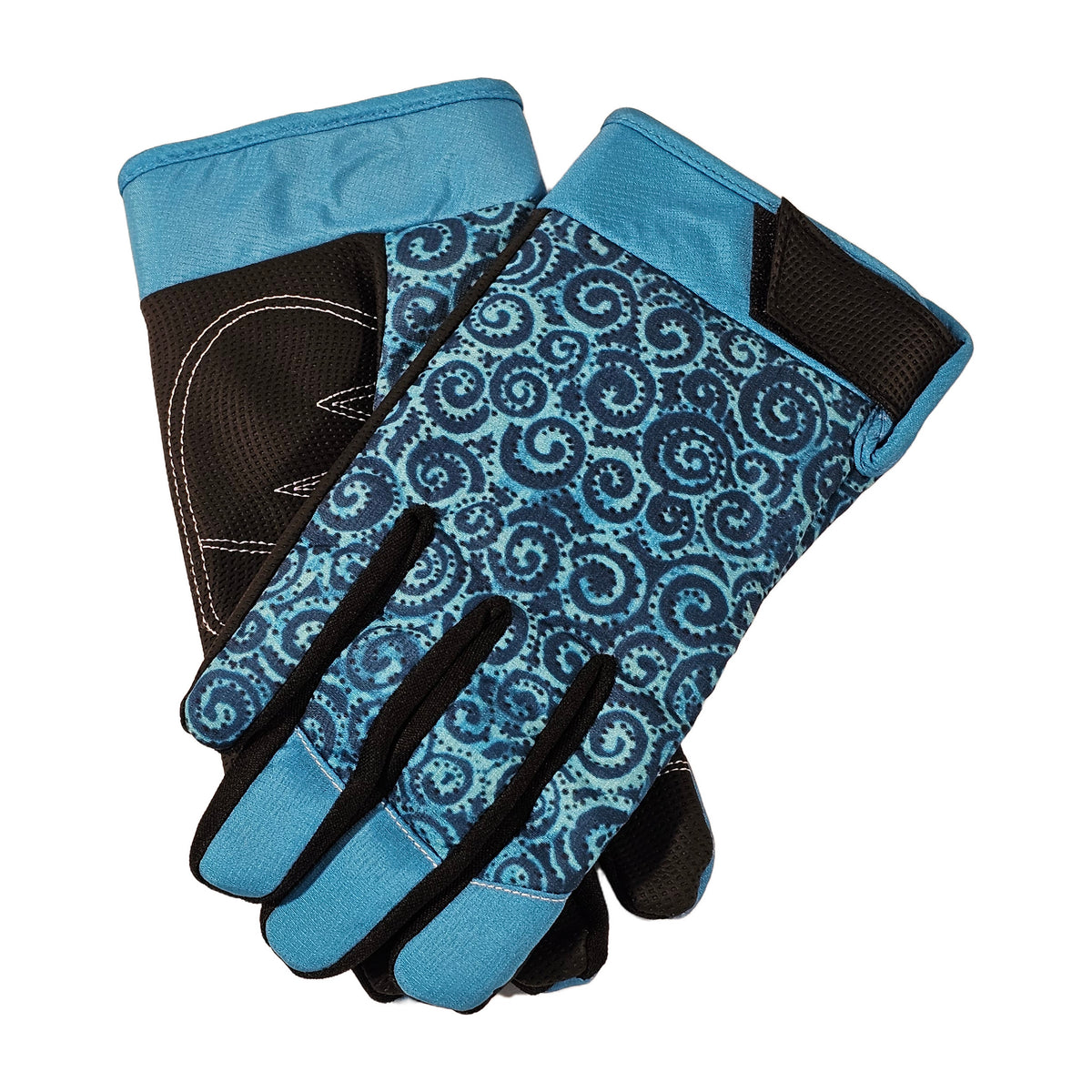 Laurel Burch Swirls gardening gloves in teal and black, pair shown flat on a white background