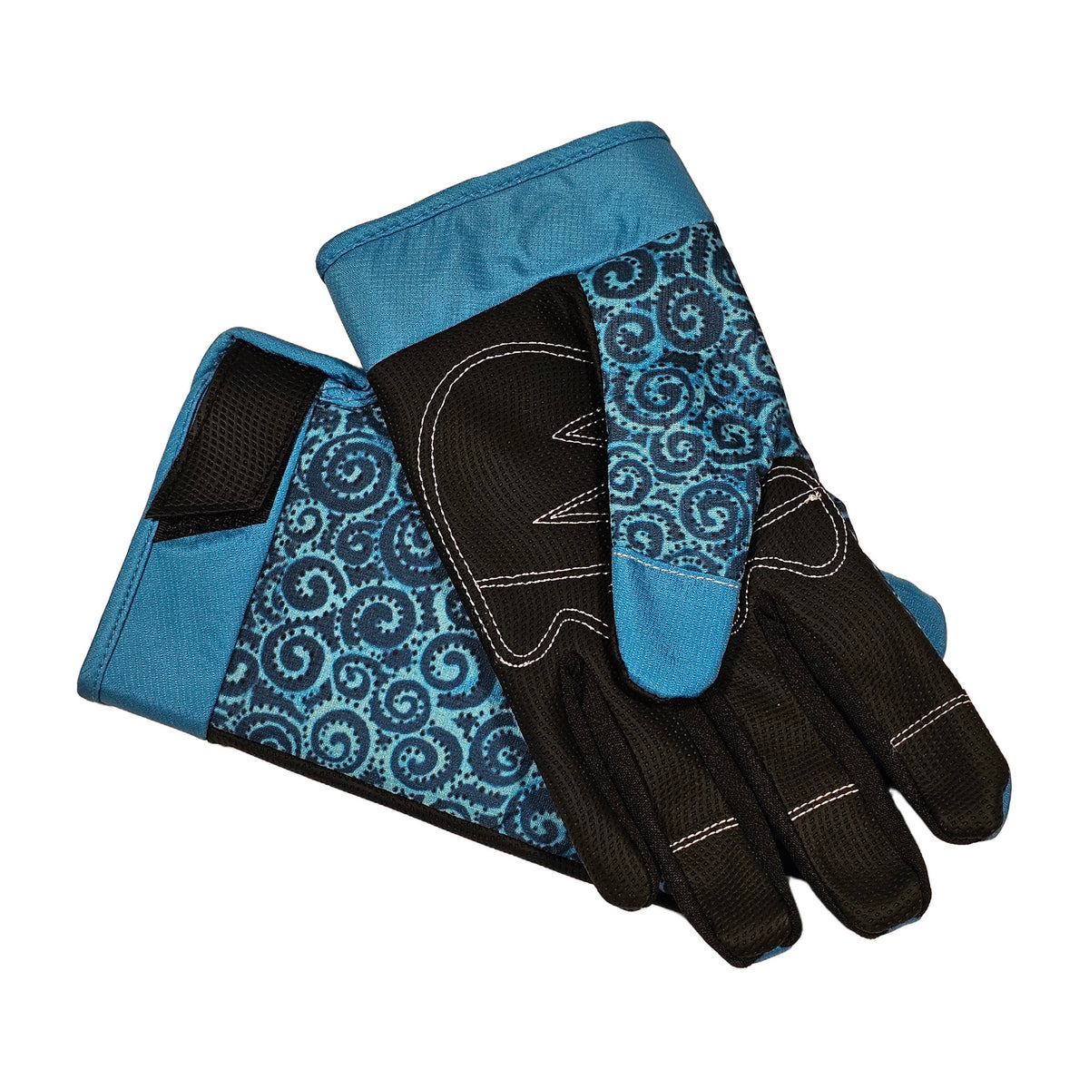 Palm side of Laurel Burch Swirls teal and black gardening gloves showing the black textured palm with white stitching
