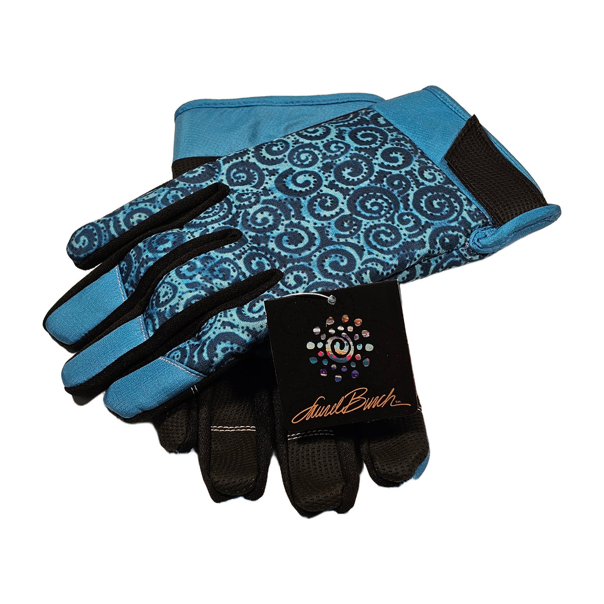 Laurel Burch Swirls teal and black gardening gloves with Laurel Burch hang tag