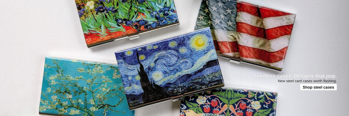 Stainless steel card cases with designs that pop