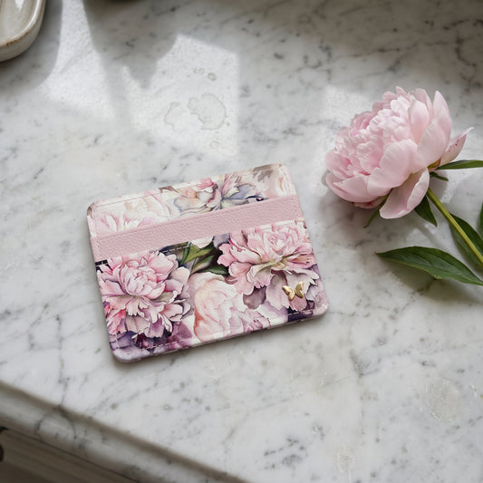 Monarque Peonies slim wallet card holder on marble with peony